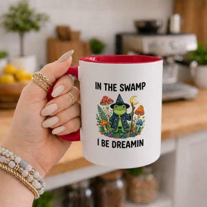 Whimsical Frog Wizard Mug, Cute Cottagecore Mushroom Coffee Cup, Funny Swampcore Gift for Fantasy Lover, Fairytale Drinkware