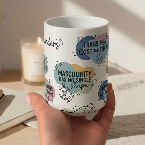 Transmänniskans bekräftelsemugg | Transmaskergåva | HBTQ-kaffekopp | Daglig påminnelse om transpride | Transmän existerar | Födelsedagspresent