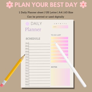Enkele dagelijkse planner-pagina, afdrukbare dagelijkse planner, digitale dagelijkse planner, enkele pagina voor dagelijkse planning, takenlijstplanner, Amerikaanse brief, A4