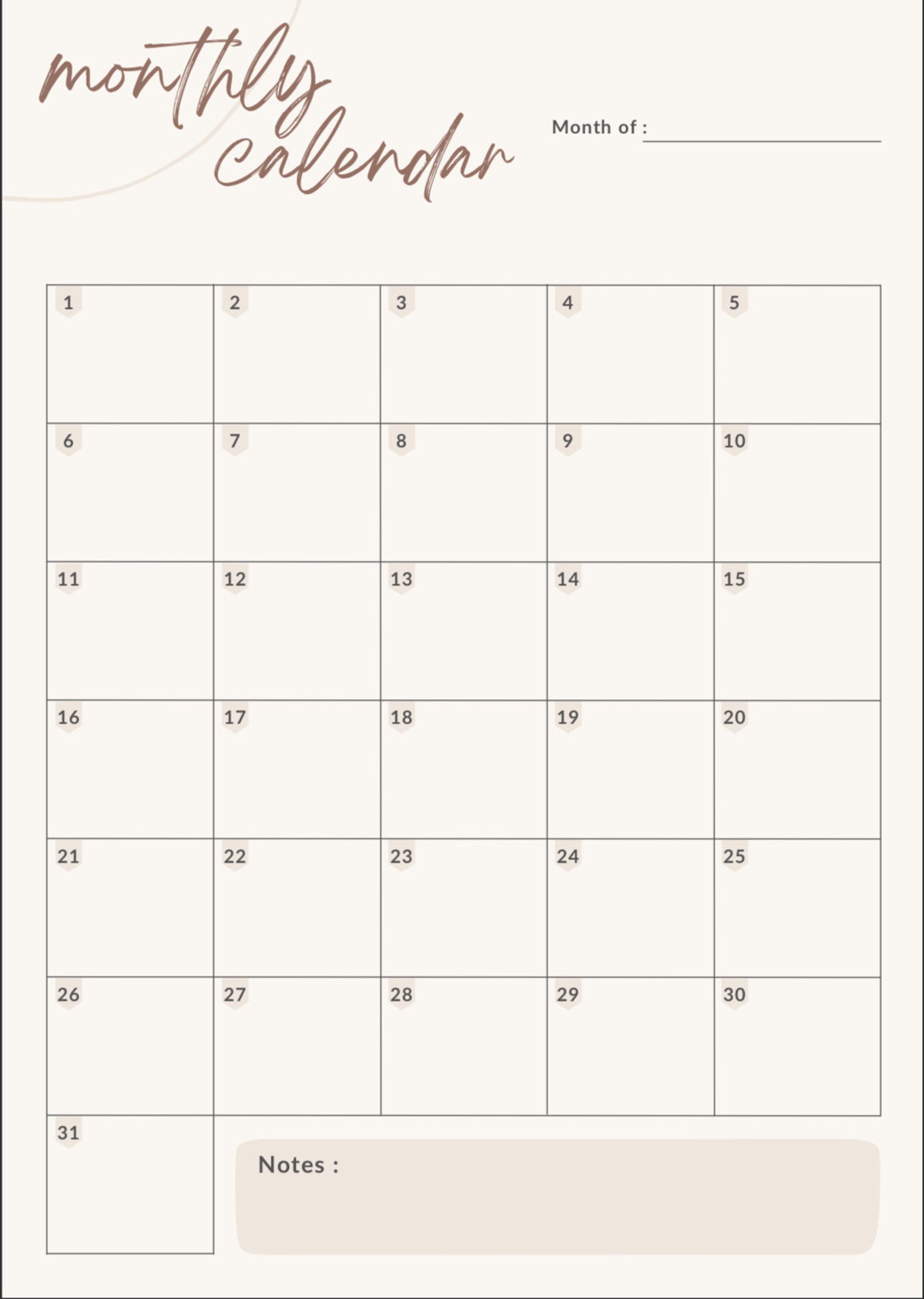 Monthly Calendar Template Etsy