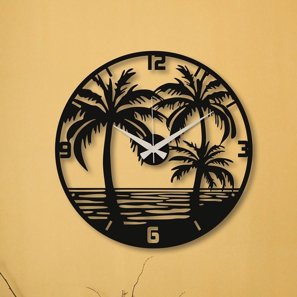 Ocean Wave & Palm Tree Art Clock, Unique Design, Luxury Large Wall Clock, Silent, Modern Design Wall Clock, Sea Wave Themed Metal Wall Clock