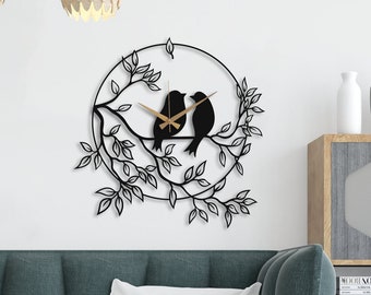 Birds Animal Themed Metal Wall Clock, Silent, Large, Small, White, Gold, Black Wall Art Clock Gift, Housewarming Gift, Animal Wall Decor