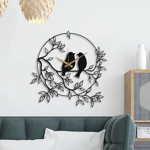 Birds Animal Themed Metal Wall Clock, Silent, Large, Small, White, Gold, Black Wall Art Clock Gift, Housewarming Gift, Animal Wall Decor