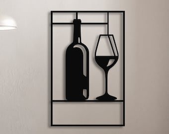 Wine Bottle and Glass Metal Wall Art, Bar Kitchen Decor