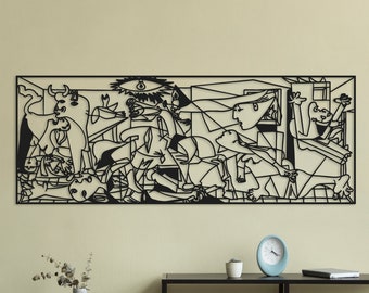 May include: Black and white line art wall decor featuring a rendition of Pablo Picasso's Guernica painting. The artwork is framed and mounted on a wall.