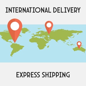 Może przedstawiać: Mapa świata z trzema czerwonymi szpilkami, reprezentującymi dostawę międzynarodową. Tekst "INTERNATIONAL DELIVERY" znajduje się w g&oacute;rnej części obrazu, a "EXPRESS SHIPPING" w dolnej.