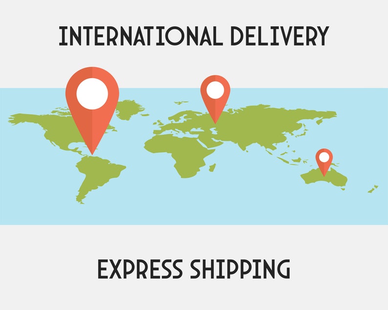 Może przedstawiać: Mapa świata z trzema czerwonymi szpilkami, reprezentującymi dostawę międzynarodową. Tekst "INTERNATIONAL DELIVERY" znajduje się w g&oacute;rnej części obrazu, a "EXPRESS SHIPPING" w dolnej.