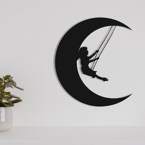 Arte de pared de luna de metal, decoración de pared de metal con columpio de luna, diseño único, regalo único de inauguración de la casa, decoración de la habitación de los niños