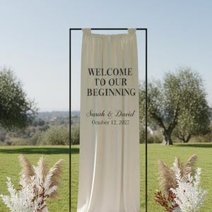 Op de afbeelding: Een achtergrond voor een huwelijksceremonie met een crèmekleurige stof met de tekst "WELCOME TO OUR BEGINNING" en de namen "Sarah & David" met de datum "October 12, 2027". Bloemschikkingen en een bord met "Find Your Seat" staan ervoor.