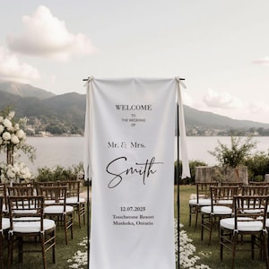 Personalized Wedding Welcome Sign Banner, Custom Fabric Ceremony Entrance Decoration with Names Date and Venue for Reception Decor
