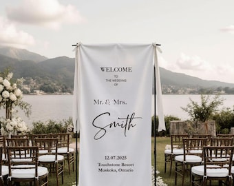 Personalized Wedding Welcome Sign Banner, Custom Fabric Ceremony Entrance Decoration with Names Date and Venue for Reception Decor