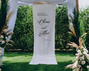 Spersonalizowany baner powitalny na ślub, spersonalizowane tło z tkaniny na ceremonię na świeżym powietrzu, elegancki, minimalistyczny wystrój weselny