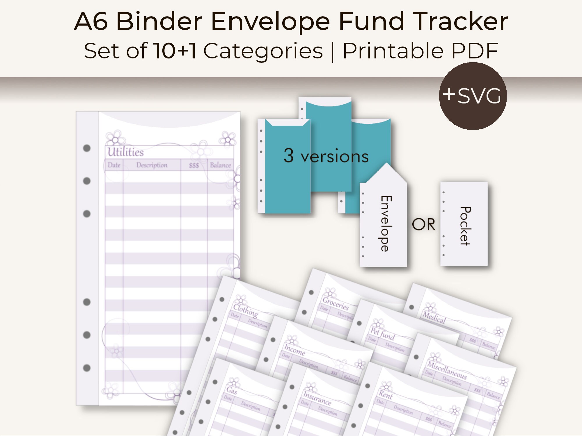 Money Tracker Envelope Pocket Template | A6 Binder | DIY | Cash Stuffing | Binder Sleeve Pocket | Money Envelope | Instant PDF Download