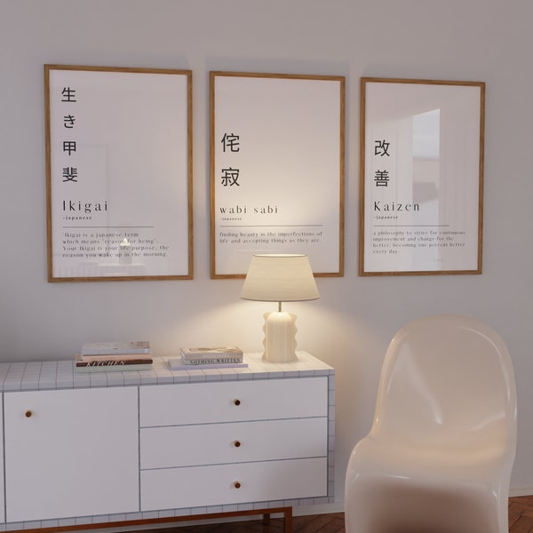 Japanese Poster Set Of 3: Kaizen, Ikigai, and Wabi Sabi Definition Prints, Japanese Decor Bundle, Printable Wall Art Set,Digital Download