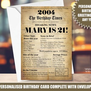 21st 2004 21 years old UK Personalised Greeting Card Happy Birthday Inside Message Back In time Newspaper sign years gone Son Daughter 02