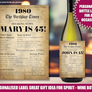1980 45e Gepersonaliseerde flesetiketsticker 45 jaar oud UK Custom Design Gelukkige verjaardag feiten Wijn Rum Wodka Gin Whisky Zoon Vader Moeder 208
