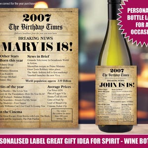 18e Gepersonaliseerde flesetiketsticker 2007 18 jaar oud VK Custom Design Gefeliciteerd met je verjaardag Wine Rum Vodka Gin Whisky Grandad Nan 208