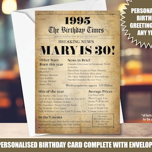 30th 1995 30 anni UK Biglietto di auguri personalizzato Buon compleanno Messaggio interno Indietro nel tempo Cartello del giornale anni passati Figlio Figlia 02