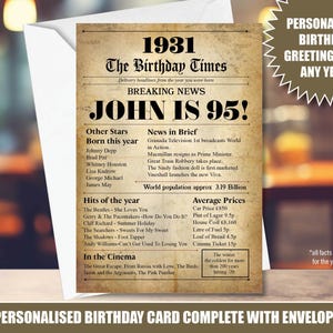 95th 1931 95 years old UK Personalised Greeting Card Happy Birthday Inside Message Back In time Newspaper years gone by Grandad Mum Dad 02