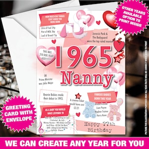Carte du 60e anniversaire pour nounou, grand-mère Carte d'anniversaire pour elle, Joyeux 60e anniversaire Carte de voeux née en 1965 Faits Jalon 60 ans autres âges -083