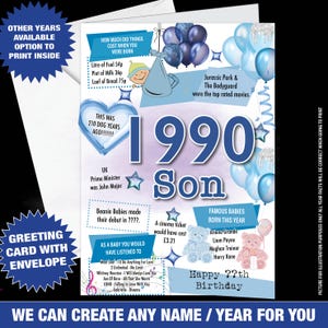 1990 Carte d'anniversaire pour fils, carte d'anniversaire pour lui, 35 ans heureux carte de voeux Born In Facts Milestone 35 ans autres âges -083