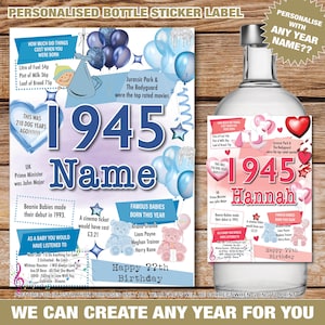 1945 80e Gepersonaliseerde flesetiketsticker 80 jaar oud UK Custom Design Happy Birthday feiten Wine Rum Vodka Gin Whisky Nan Dad 190