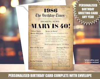 40th 1986 40 years old UK Personalised Greeting Card Happy Birthday Inside Message Back In time Newspaper sign years gone Son Daughter 02