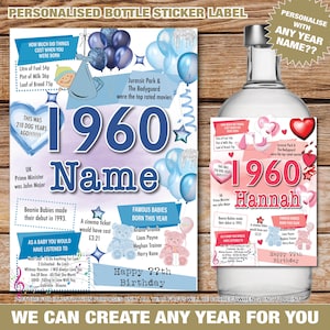 Gepersonaliseerde 1960 65e flesetiketsticker 65 jaar oud UK Custom Design Gelukkige verjaardag feiten Wine Vodka Gin Whisky speciale verjaardag 190