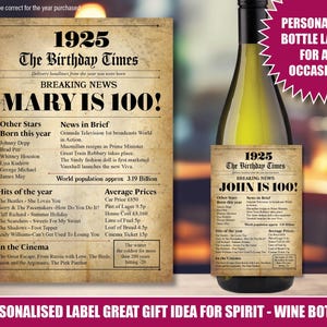 100e gepersonaliseerde flesetiketsticker 1925 100 jaar oud VK custom ontwerp Happy Birthday feiten Wijn Rum Vodka Gin Whisky Nan Dad 208