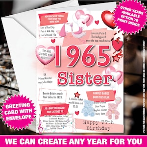 Tarjeta de cumpleaños número 60 de 1965 para una hermana, tarjeta de cumpleaños para ella, tarjeta de felicitación feliz Nacido en 1965 Reino Unido Datos Hito 60 años otras edades 083