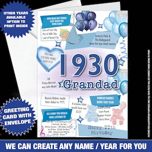 95e anniversaire carte pour grand-père, carte d'anniversaire pour lui, heureux 95e carte de voeux né en 1930 faits jalon 95 ans autres âges -083