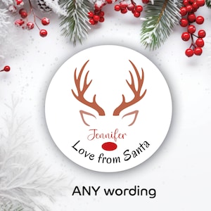 Gepersonaliseerde kerststickers Cadeaulabels Feesttasje Cadeaubon zegels 1332 Kerstman rendier rode neus Rudolph