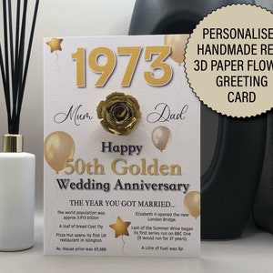 Carte personnalisée du 50e anniversaire de mariage en or 1975, comprenant des informations sur le Royaume-Uni avec une fleur en papier faite main de qualité pour ce cadeau très spécial, 264