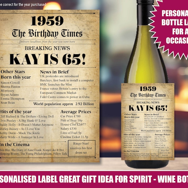 65th Personalised bottle label sticker 1959 65 years old UK Custom Design Happy Birthday facts Wine Rum Vodka Gin Whiskey Grandad Nan 208