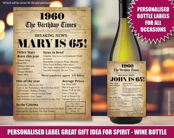 65th Personalised bottle label sticker 1960 65 years old UK Custom Design Happy Birthday facts Wine Rum Vodka Gin Whiskey Grandad Nan 208
