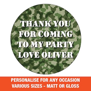 Personalizzato Army camouflage Green Happy Birthday Party Bag etichette Adesivi Grazie Qualsiasi età nome Boy Girl party Gloss o Matt 138