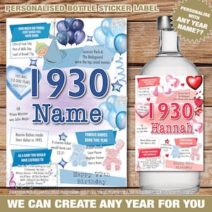 Gepersonaliseerde 1930 95e fles etiketsticker 95 jaar oud UK Custom Design Gelukkige verjaardag feiten Wine Vodka Gin Whisky speciale verjaardag 190