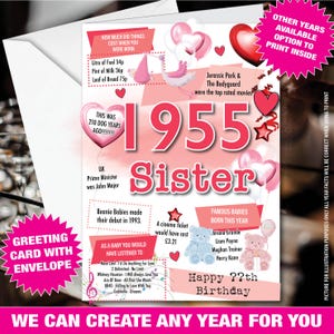 Carte d'anniversaire des 70 ans pour sœur, carte d'anniversaire pour elle, carte de voeux heureuse née en 1955 au Royaume-Uni