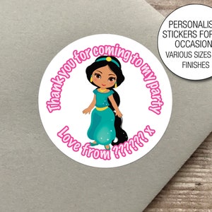 Adesivos personalizados inspirados na princesa, saco de festa de feliz aniversário, etiquetas de embrulho, saco de festa, adesivo de cone, super herói, jasmim 460