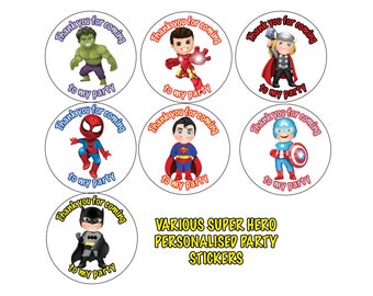 Personalised Super Hero Happy Birthday Party Bag Stickers Various characters 842