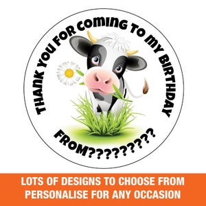 Etiquetas personalizadas para saco de festa de feliz aniversário, etiquetas adesivas fofas de vaca para crianças, obrigado, qualquer nome, mensagem, menino, menina, brilho ou fosco 654-5