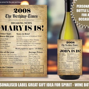 18th Personalised bottle label sticker 2008 18 years old UK Custom Design Happy Birthday facts Wine Rum Vodka Gin Whiskey Grandad Nan 208