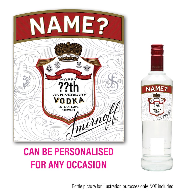 Pu&ograve; includere: Etichetta personalizzata per bottiglia di vodka Smirnoff con un design rosso, bianco e oro. L'etichetta presenta una corona, il testo "Happy ??th Anniversary Vodka" e le parole "Lots of Love Stewart". L'etichetta pu&ograve; essere personalizzata con un nome e un'occasione.