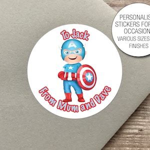 Capitano personalizzato Super eroe Ispirato Happy Birthday Party Bag etichette Adesivi Wrapping Stickers Party Bag Cone Sticker America 842