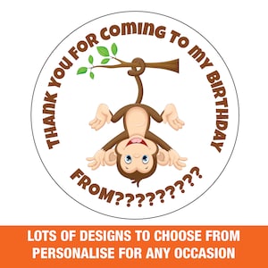 Etiquetas personalizadas para pendurar macaco, bolsa de festa de feliz aniversário, obrigado, qualquer nome, mensagem, menino, menina, brilho ou fosco 654-6