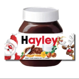 Weihnachten Nutella inspiriert personalisierte Nuss Schokoladenaufstrich Glasflasche Aufkleber Etikett Wichtel Neuheit Spaß Geschenk Geschenk