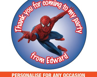 Personalised Spider Super hero Inspired Happy Birthday Party Bag labels Stickers Thank you Any age name Boy Girl Man party Gloss or Matt 277