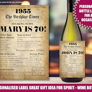 70e Gepersonaliseerde flesetiketsticker 1955 70 jaar oud UK Custom Design Gelukkige verjaardag feiten Wine Rum Vodka Gin Whisky Grandad Nan 208