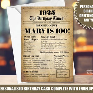 100e 1925 100 jaar oude Britse gepersonaliseerde wenskaart Happy Birthday Inside Message Back In Time Krantenbord jaren vervlogen MUM DAD 02