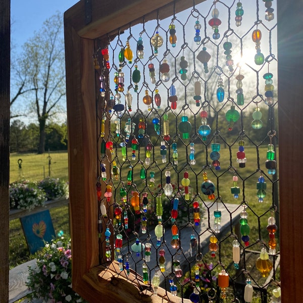 Beaded Chicken Wire Kaleidoscope of Color Suncatcher on Double Southern Red Cedar Frame, kitchen, sunporch, patio, shed, barn, pool, hottub